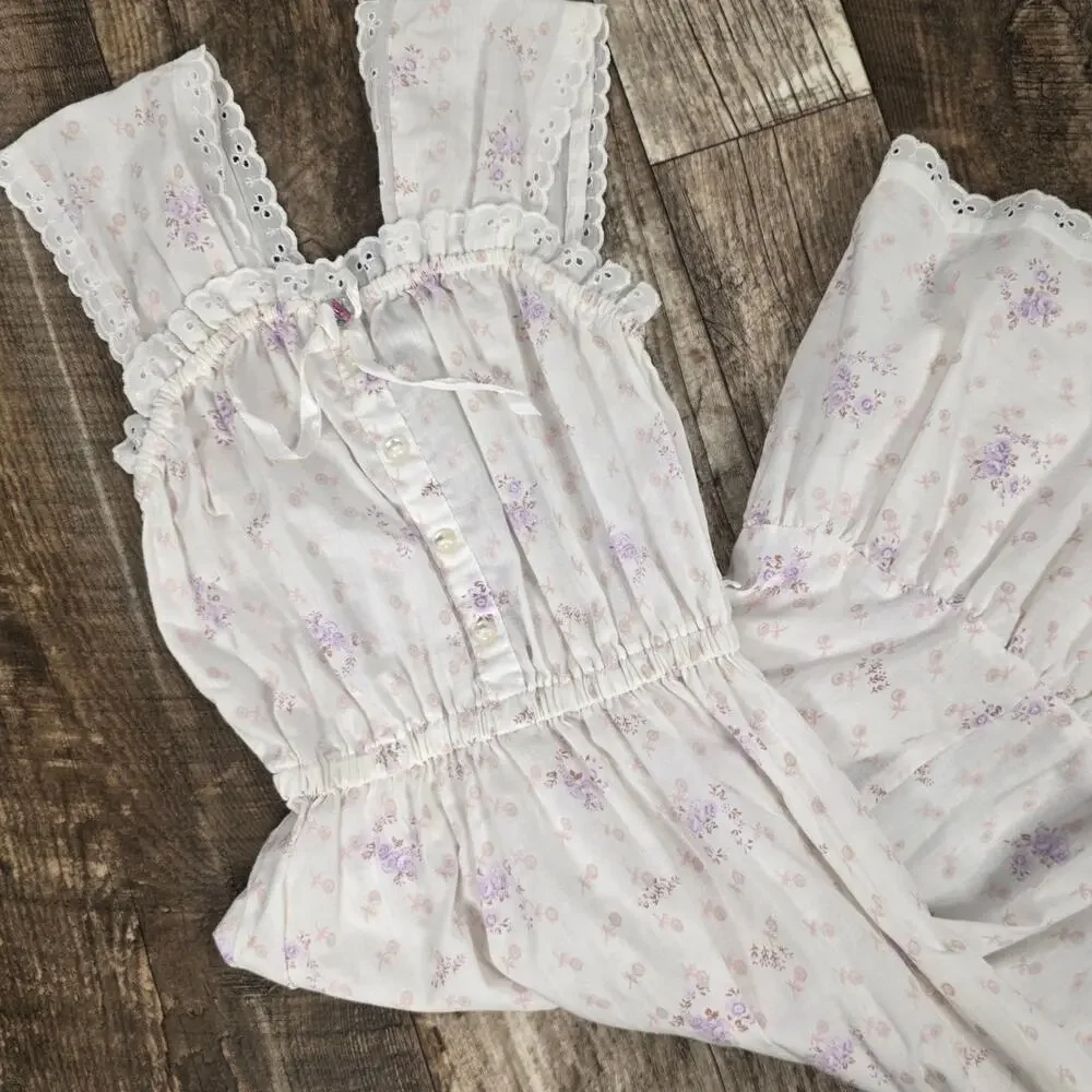 Vintage Girls Floral Prairie Midi Dress Eyelet Cottagecore Lavender Lace Size 7